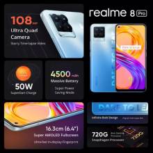 Movil chino Realme 8 Pro versión Global, 8GB, 128GB, cámara de 108MP, 50W, carga SuperDart AMOLED, compatible con B2/4