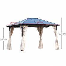 Cenador Pabellón de acero de 3,65x3 m con techo de policarbonato de 6 mm con protección UV 50+ y 4 cortinas