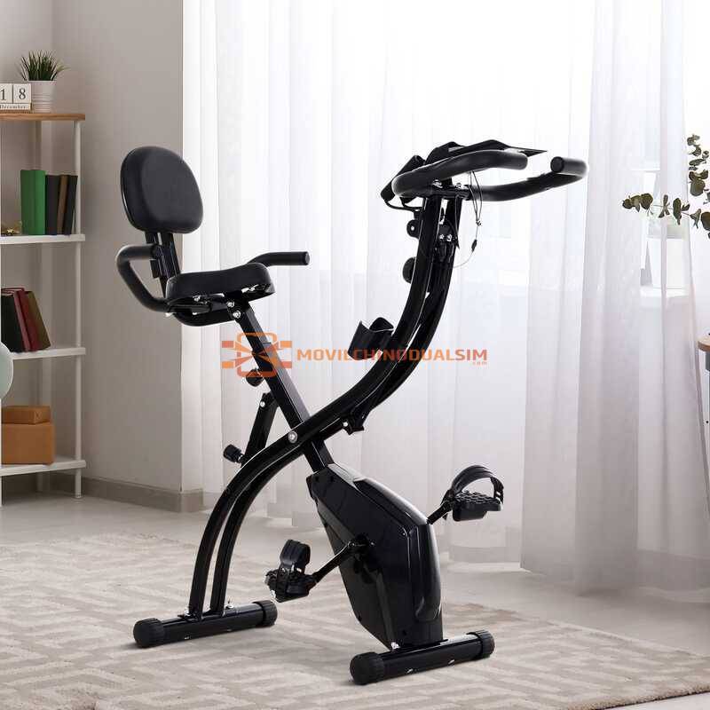 Bicicleta estática ergométrica plegable regulable en altura y resistencia con pantalla LCD y asiento con respaldo Bicicleta estática ergométrica plegable regulable en altura y resistencia con pantalla LCD y asiento con respaldo