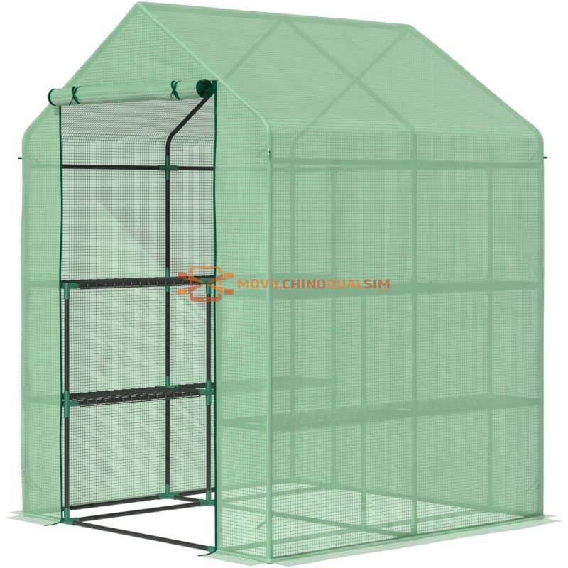 Invernadero de jardín tipo casa con 2 estantes de 4 niveles y puertas enrollables para plantas de cultivo143x138x190 cm verde